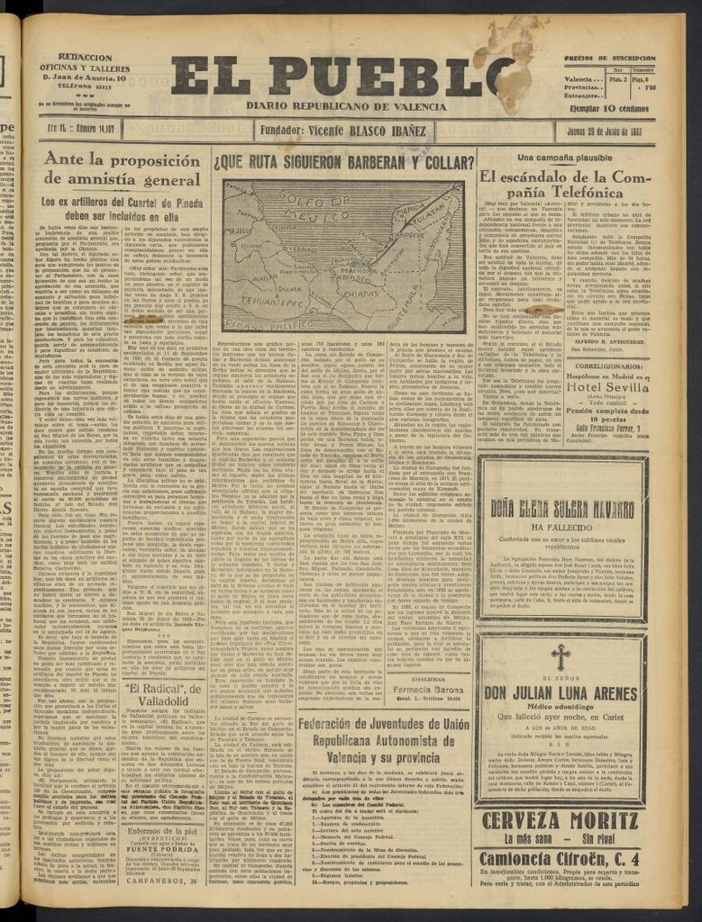 Miniatura de El Pueblo : Diario republicano de Valencia del 29 de junio de 1933, nº 14.107