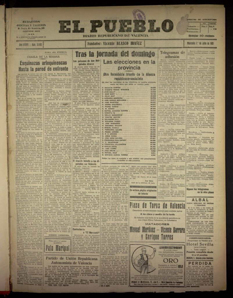 Miniatura de El Pueblo : Diario republicano de Valencia  del 1 de julio de 1931, nº 13.492
