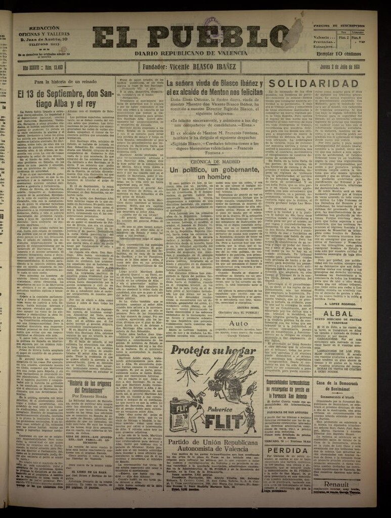 Miniatura de El Pueblo : Diario republicano de Valencia  del 2 de julio de 1931, nº 13.493