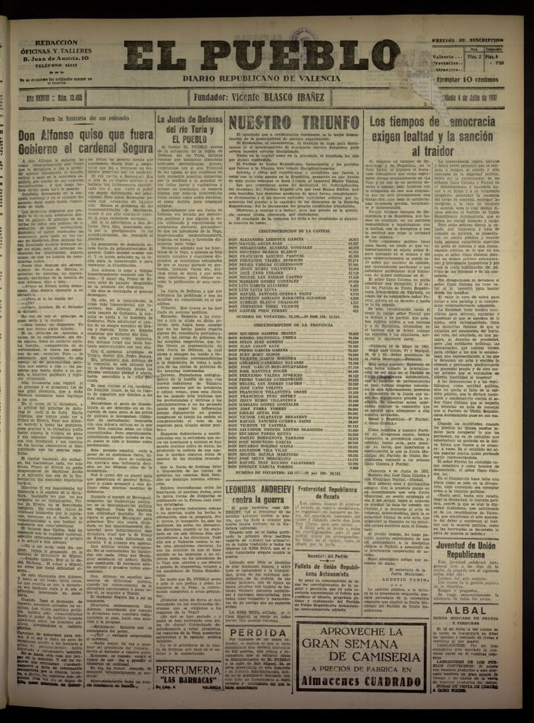 Miniatura de El Pueblo : Diario republicano de Valencia  del 4 de julio de 1931, nº 13.495