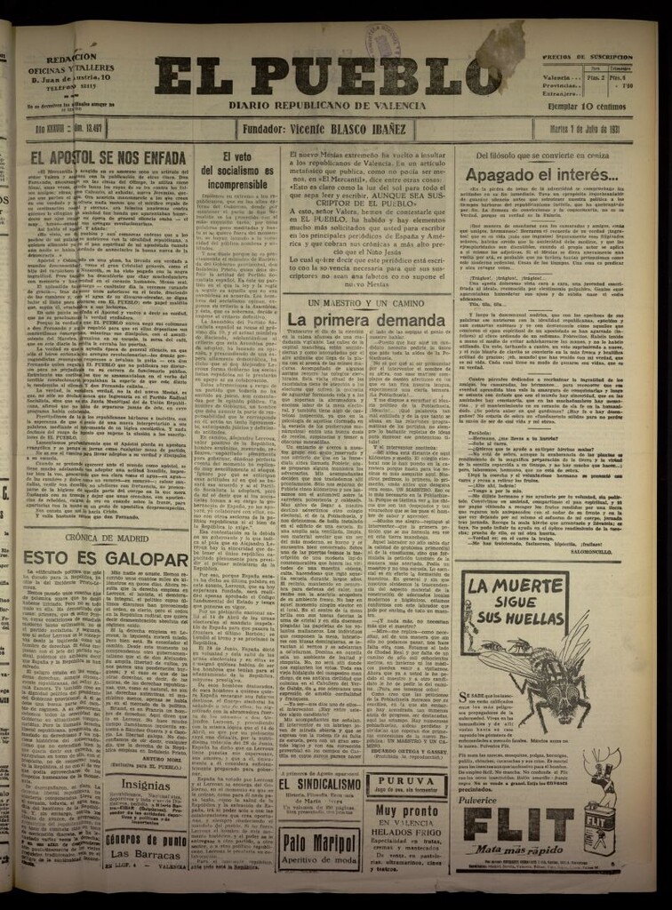 Miniatura de El Pueblo : Diario republicano de Valencia  del 7 de julio de 1931, nº 13.497