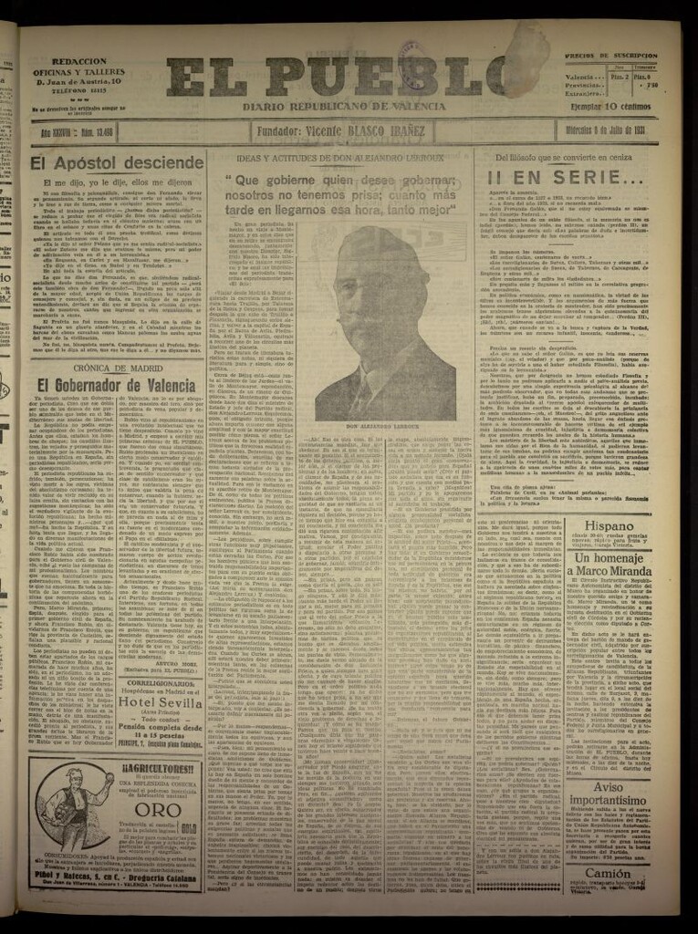 Miniatura de El Pueblo : Diario republicano de Valencia  del 8 de julio de 1931, nº 13.498