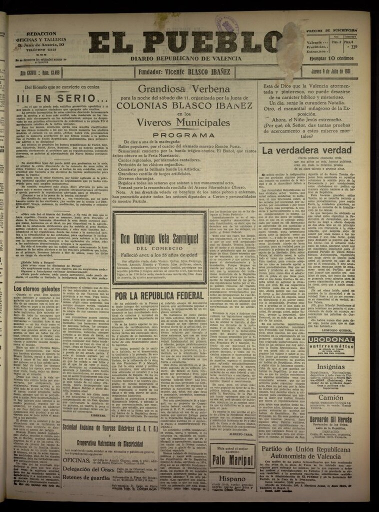 Miniatura de El Pueblo : Diario republicano de Valencia  del 9 de julio de 1931, nº 13.499