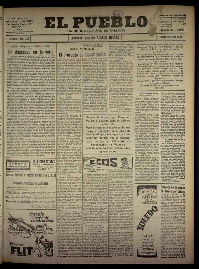 Miniatura de El Pueblo : Diario republicano de Valencia  del 10 de julio de 1931, nº 13.500