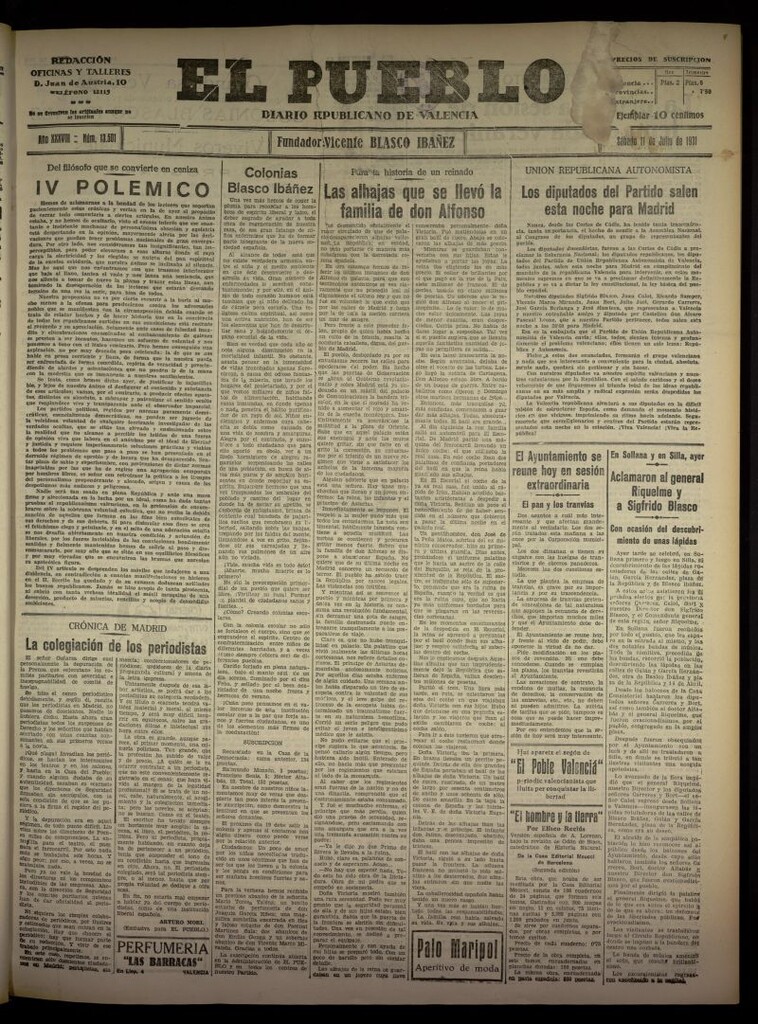 Miniatura de El Pueblo : Diario republicano de Valencia  del 11 de julio de 1931, nº 13.501