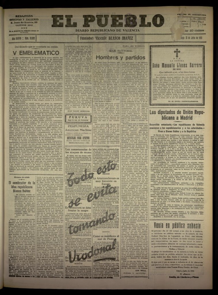 Miniatura de El Pueblo : Diario republicano de Valencia  del 12 de julio de 1931, nº 13.502