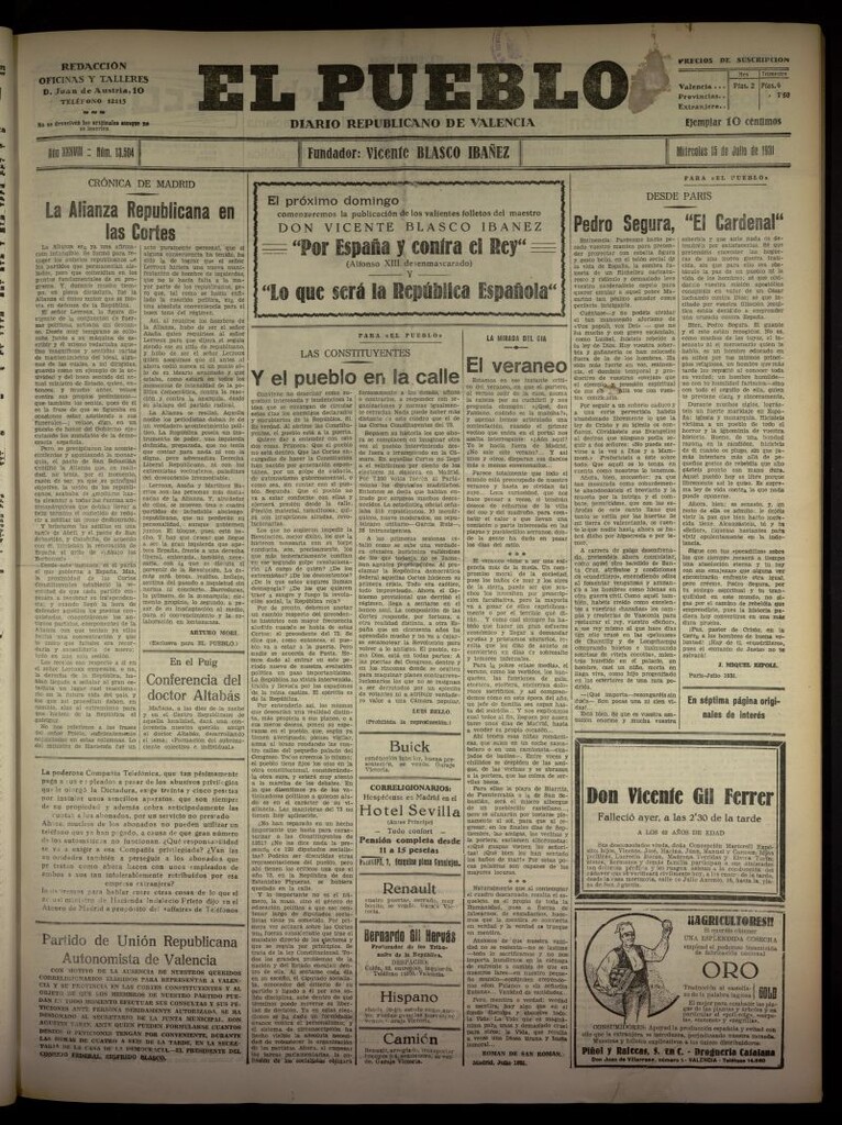 Miniatura de El Pueblo : Diario republicano de Valencia  del 15 de julio de 1931, nº 13.504
