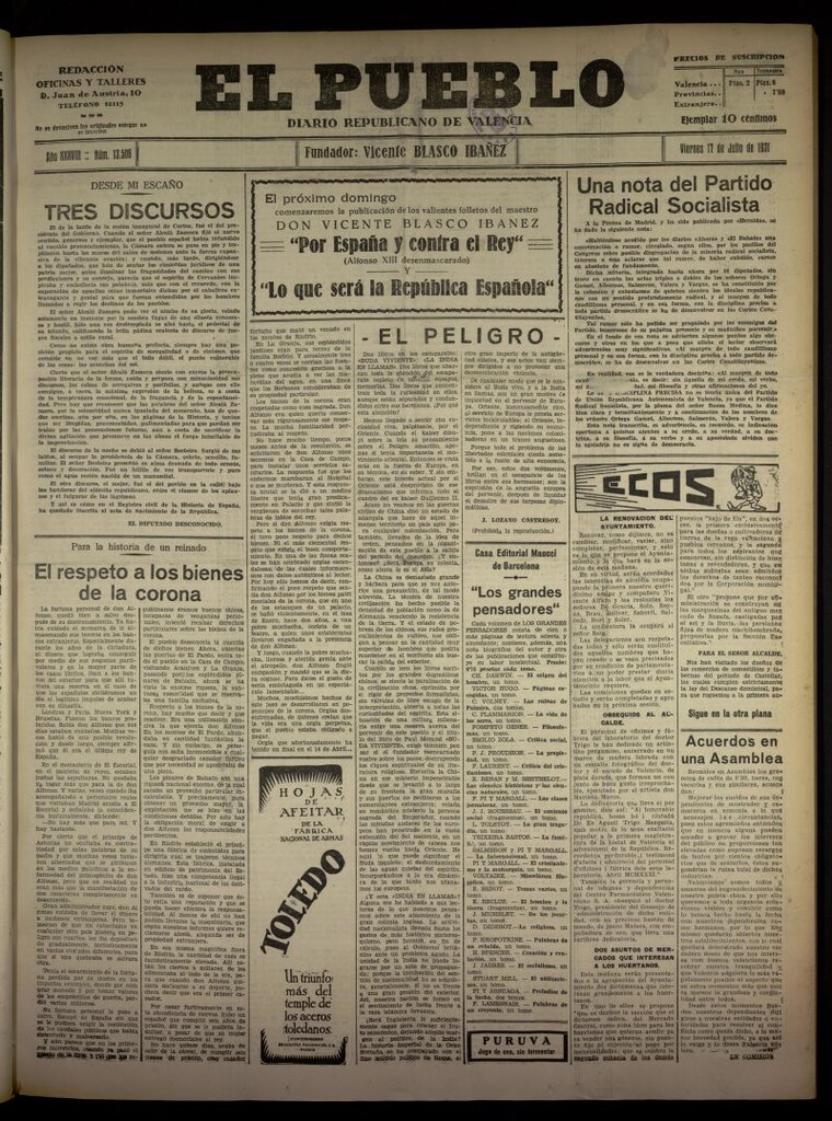 Miniatura de El Pueblo : Diario republicano de Valencia  del 17 de julio de 1931, nº 13.506