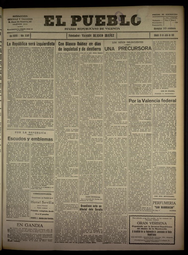 Miniatura de El Pueblo : Diario republicano de Valencia  del 18 de julio de 1931, nº 13.507