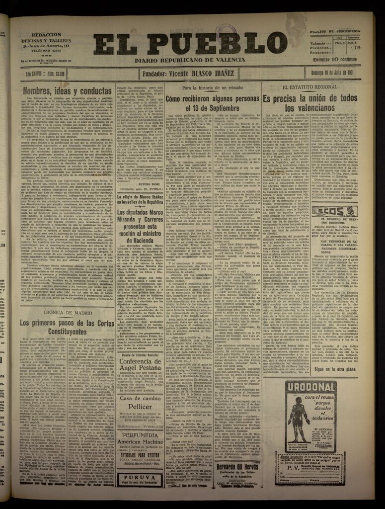 Miniatura de El Pueblo : Diario republicano de Valencia  del 19 de julio de 1931, nº 13.508