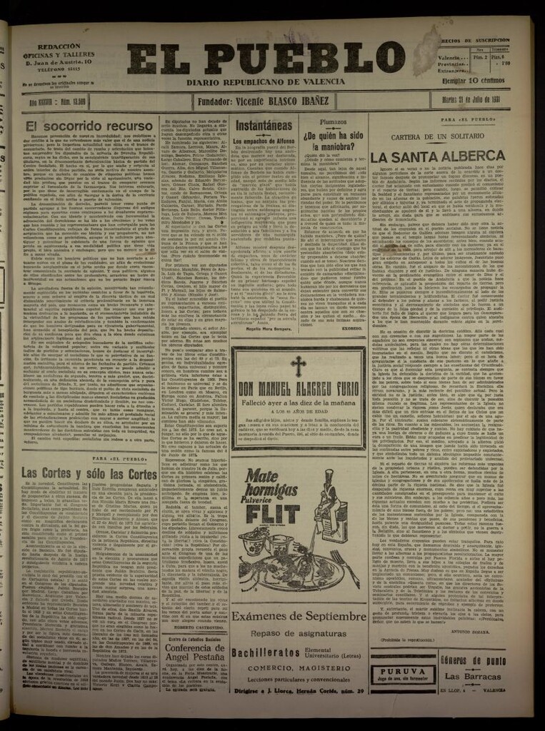 Miniatura de El Pueblo : Diario republicano de Valencia  del 21 de julio de 1931, nº 13.509