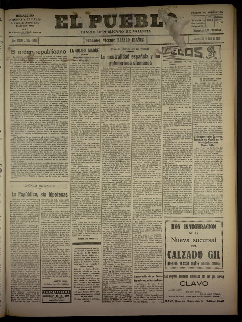 Miniatura de El Pueblo : Diario republicano de Valencia  del 23 de julio de 1931, nº 13.511