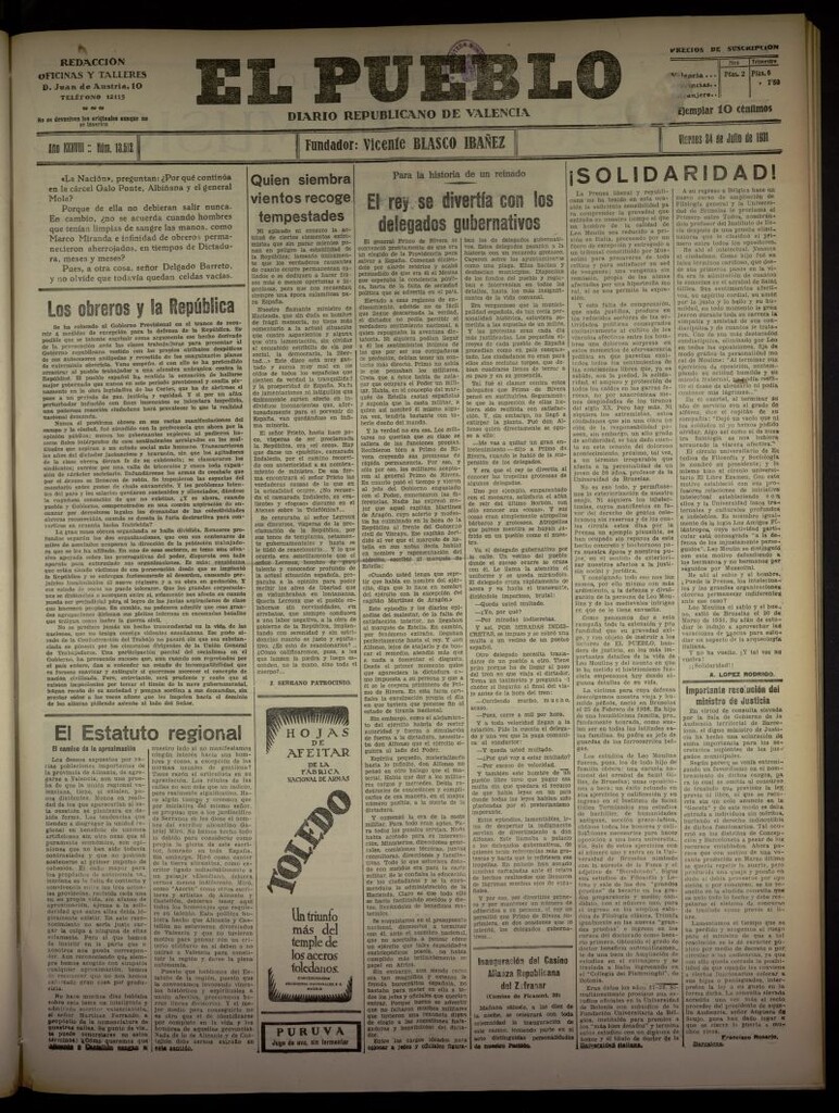 Miniatura de El Pueblo : Diario republicano de Valencia  del 24 de julio de 1931, nº 13.512