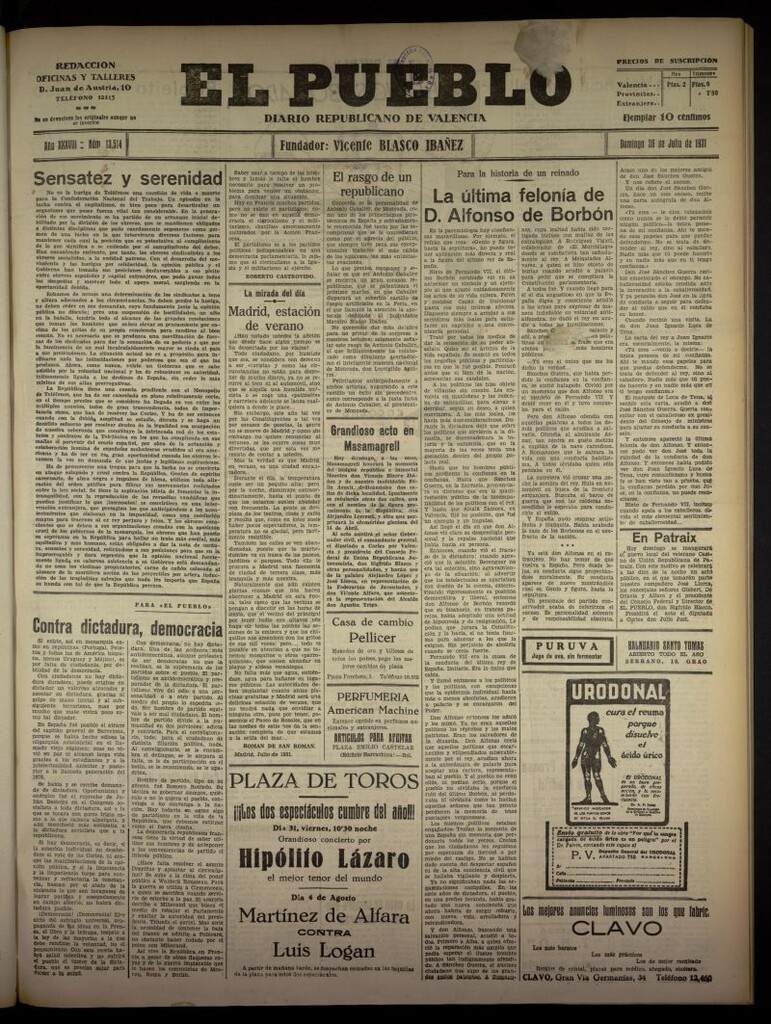 Miniatura de El Pueblo : Diario republicano de Valencia  del 26 de julio de 1931, nº 13.514