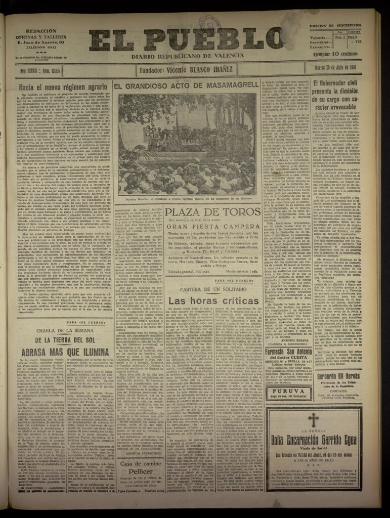 Miniatura de El Pueblo : Diario republicano de Valencia  del 28 de julio de 1931, nº 13.515