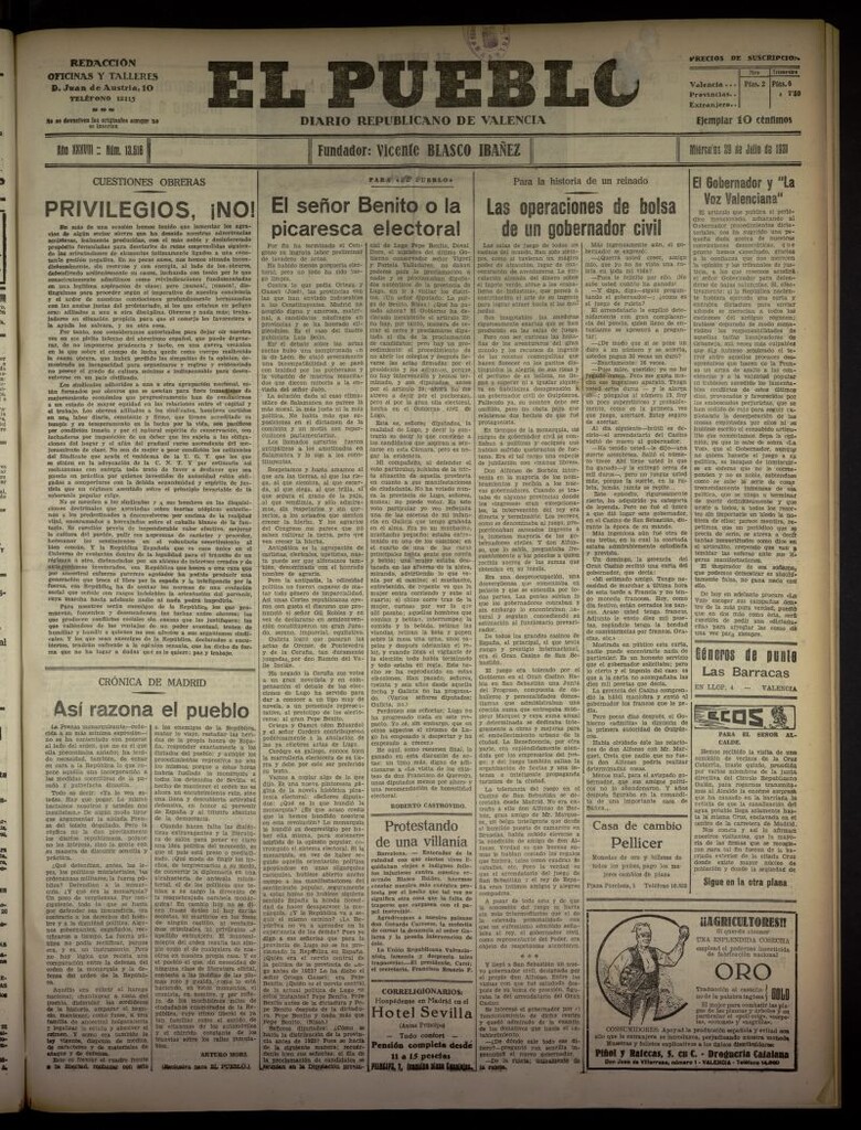 Miniatura de El Pueblo : Diario republicano de Valencia  del 29 de julio de 1931, nº 13.516