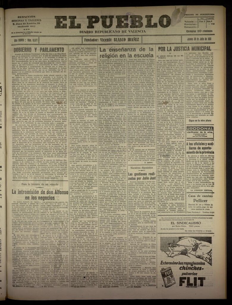 Miniatura de El Pueblo : Diario republicano de Valencia  del 30 de julio de 1931, nº 13.517