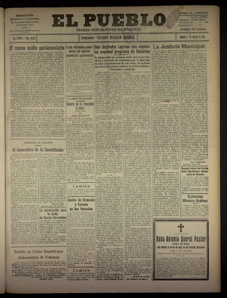 Miniatura de El Pueblo : Diario republicano de Valencia  del 1 de agosto de 1931, nº 13.519