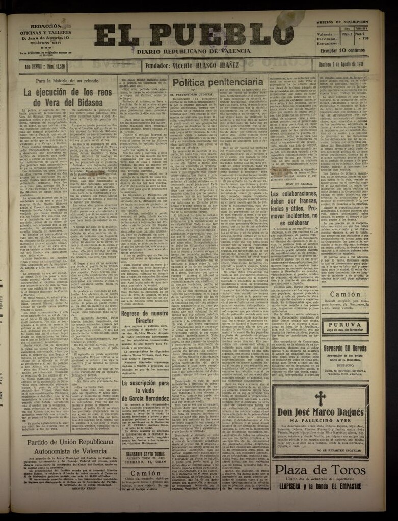 Miniatura de El Pueblo : Diario republicano de Valencia  del 2 de agosto de 1931, nº 13.520
