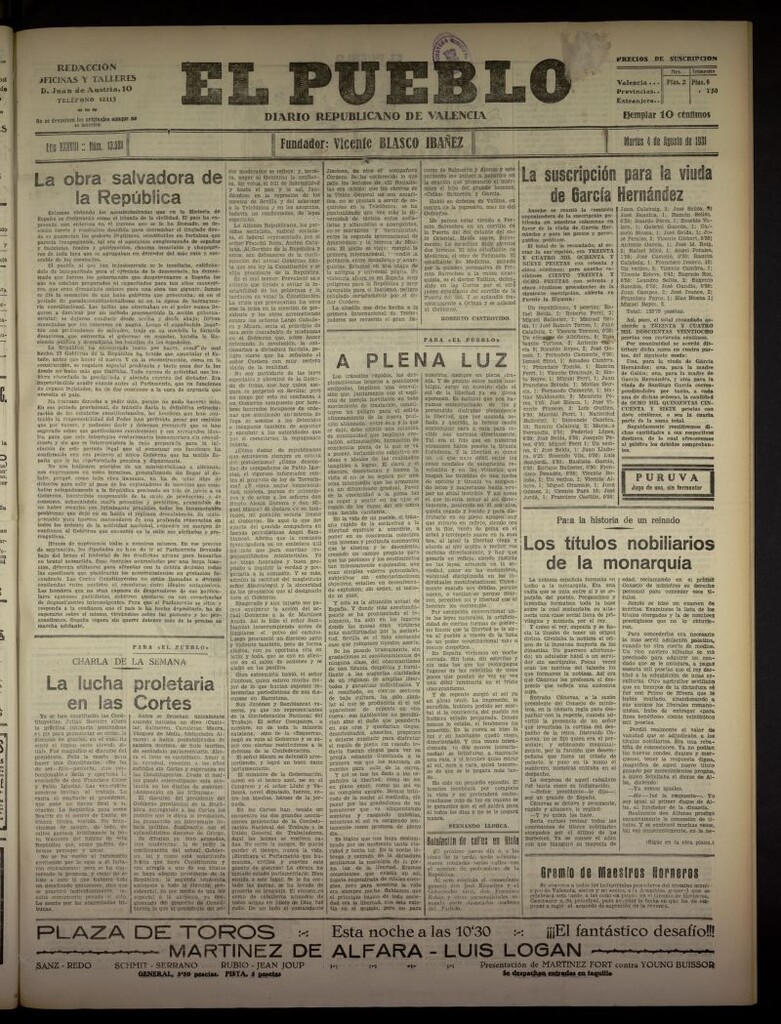 Miniatura de El Pueblo : Diario republicano de Valencia  del 4 de agosto de 1931, nº 13.521