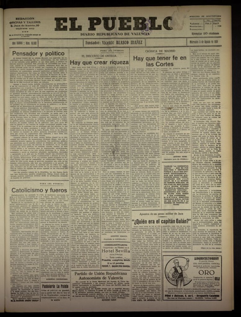 Miniatura de El Pueblo : Diario republicano de Valencia  del 5 de agosto de 1931, nº 13.522