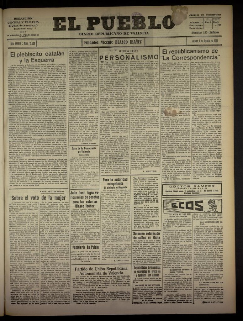 Miniatura de El Pueblo : Diario republicano de Valencia  del 6 de agosto de 1931, nº 13.523
