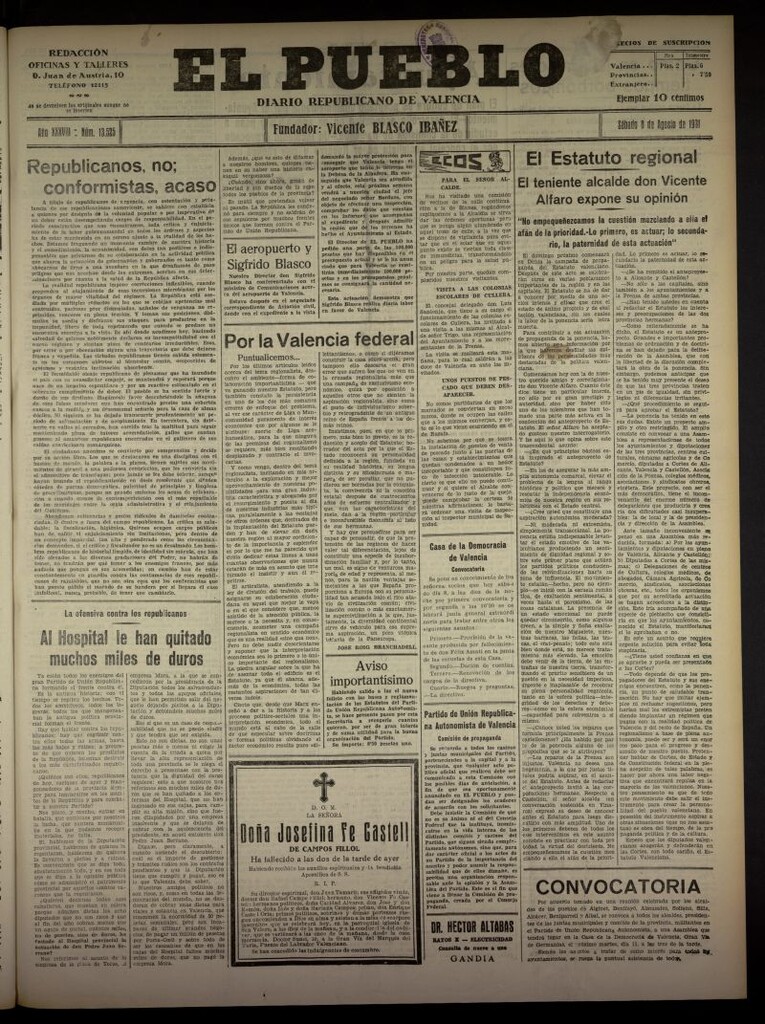Miniatura de El Pueblo : Diario republicano de Valencia  del 8 de agosto de 1931, nº 13.525
