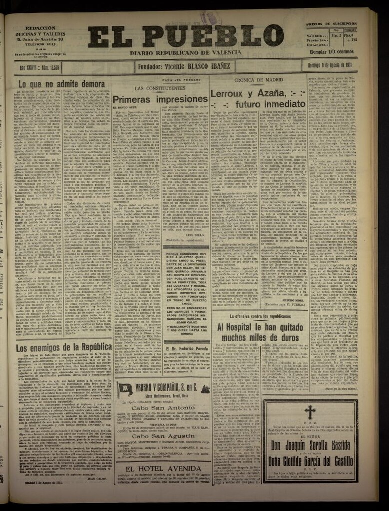 Miniatura de El Pueblo : Diario republicano de Valencia  del 9 de agosto de 1931, nº 13.526