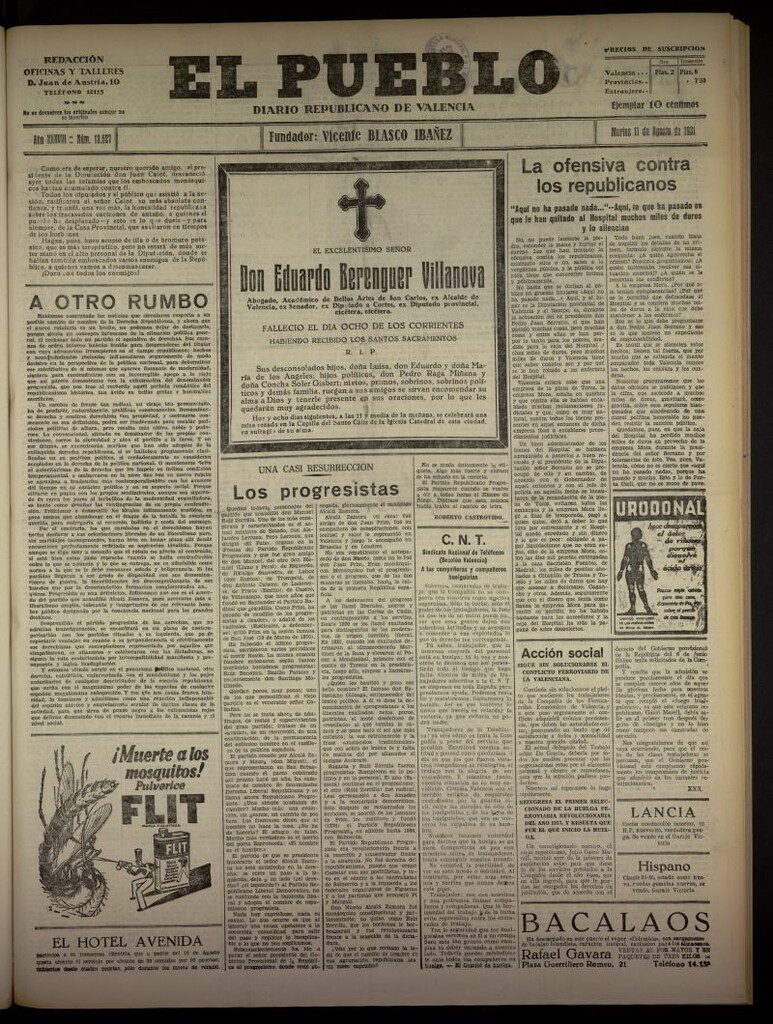 Miniatura de El Pueblo : Diario republicano de Valencia  del 11 de agosto de 1931, nº 13.527