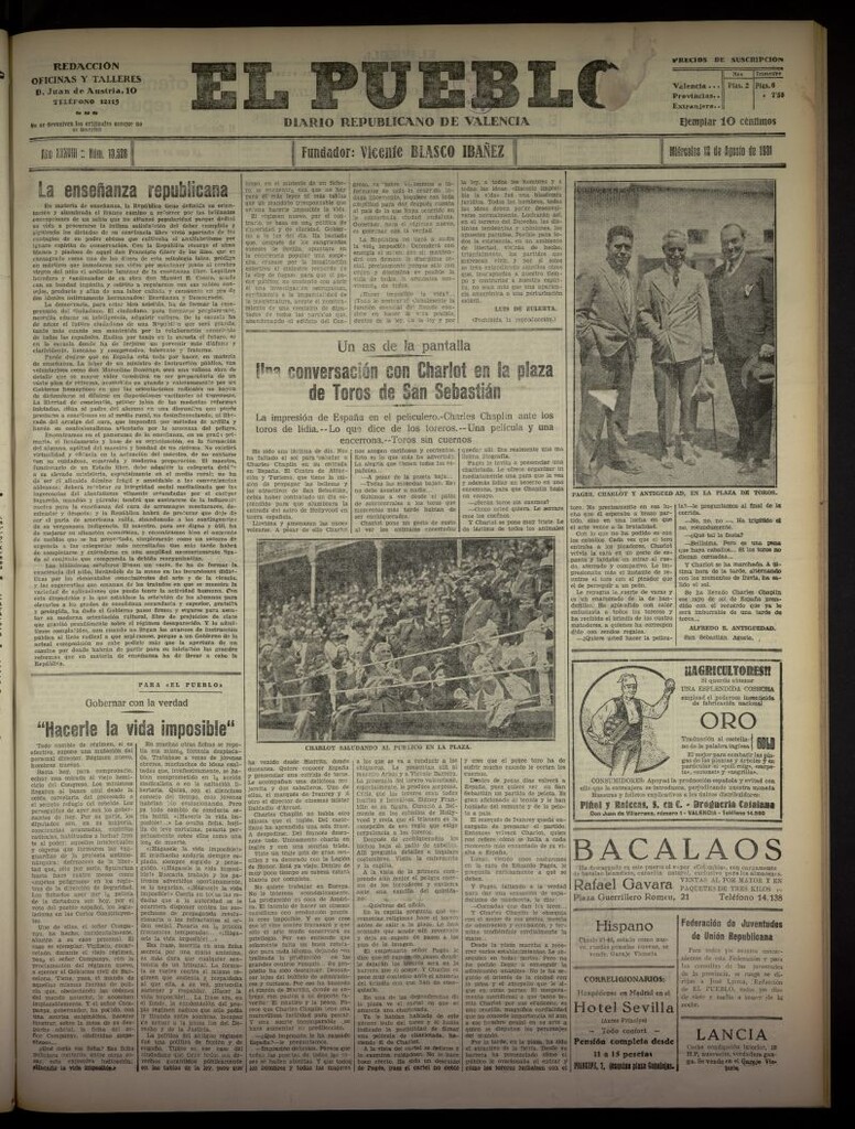 Miniatura de El Pueblo : Diario republicano de Valencia  del 12 de agosto de 1931, nº 13.528