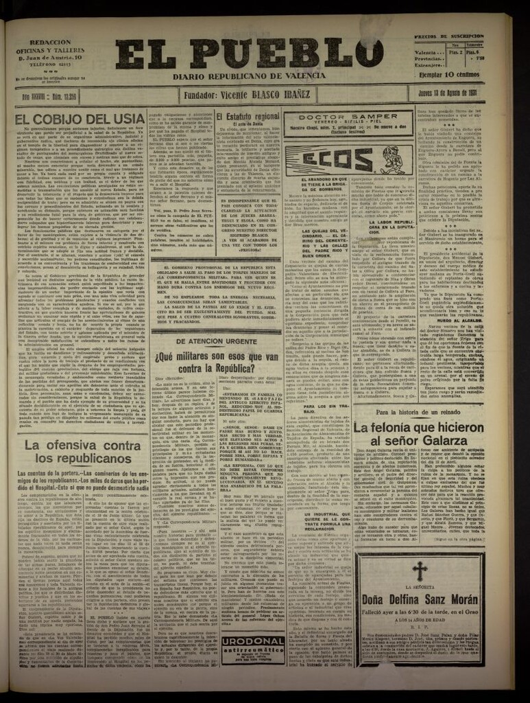 Miniatura de El Pueblo : Diario republicano de Valencia  del 13 de agosto de 1931, nº 13.259 [sic]