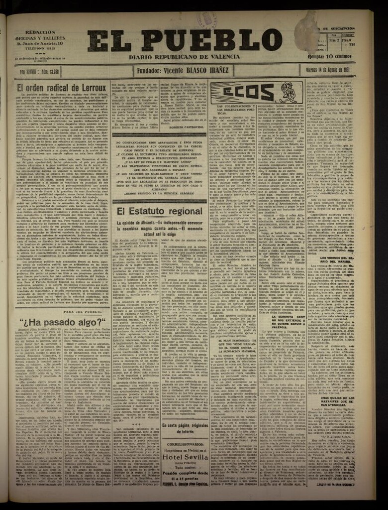 Miniatura de El Pueblo : Diario republicano de Valencia  del 14 de agosto de 1931, nº 13.260
