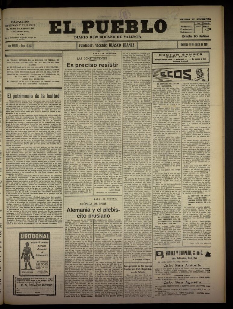 Miniatura de El Pueblo : Diario republicano de Valencia  del 16 de agosto de 1931, nº 13.262
