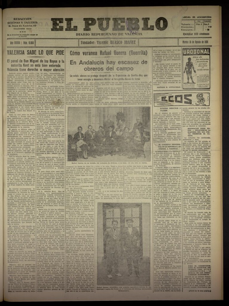 Miniatura de El Pueblo : Diario republicano de Valencia  del 18 de agosto de 1931, nº 13.263