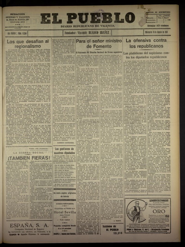 Miniatura de El Pueblo : Diario republicano de Valencia  del 19 de agosto de 1931, nº 13.264