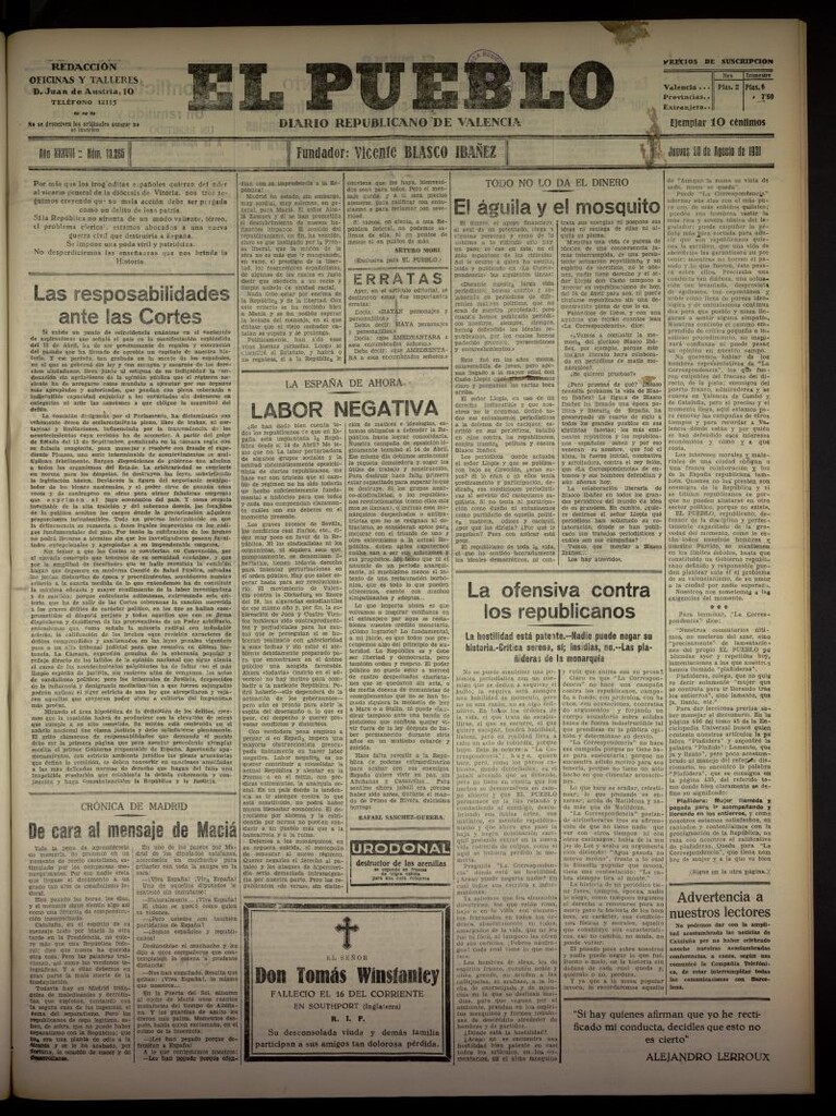 Miniatura de El Pueblo : Diario republicano de Valencia  del 20 de agosto de 1931, nº 13.265