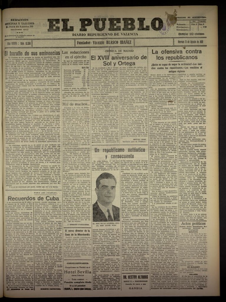 Miniatura de El Pueblo : Diario republicano de Valencia  del 21 de agosto de 1931, nº 13.266