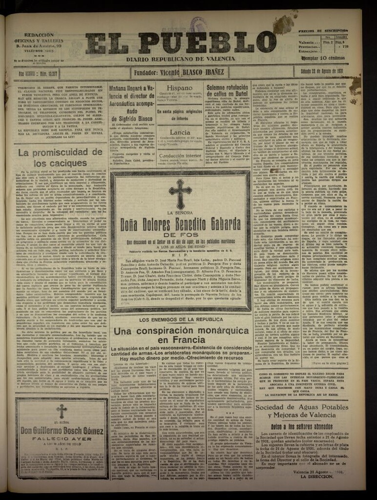 Miniatura de El Pueblo : Diario republicano de Valencia  del 22 de agosto de 1931, nº 13.267