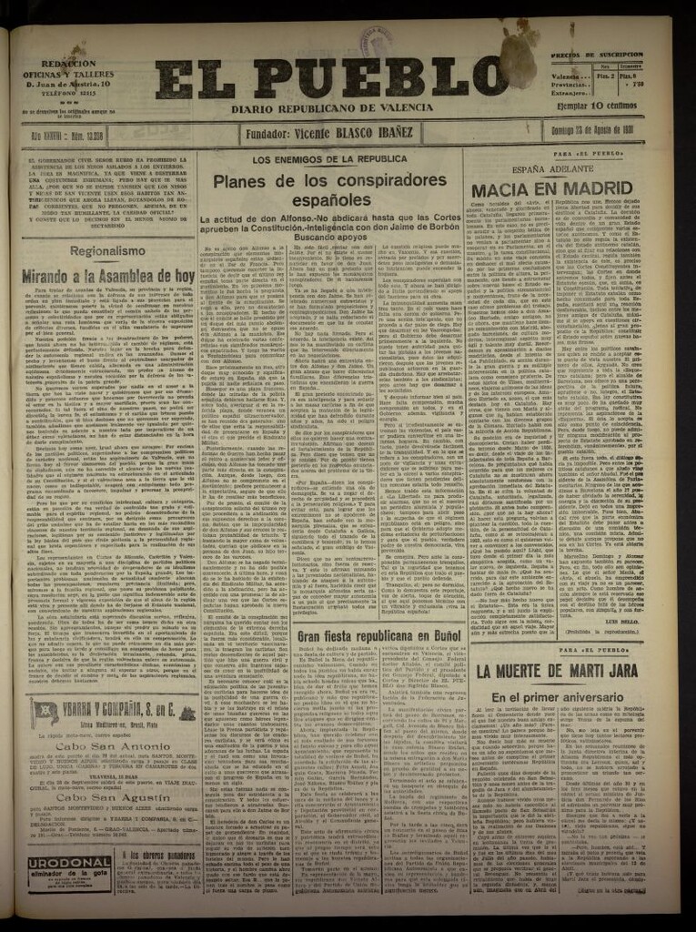 Miniatura de El Pueblo : Diario republicano de Valencia  del 23 de agosto de 1931, nº 13.268
