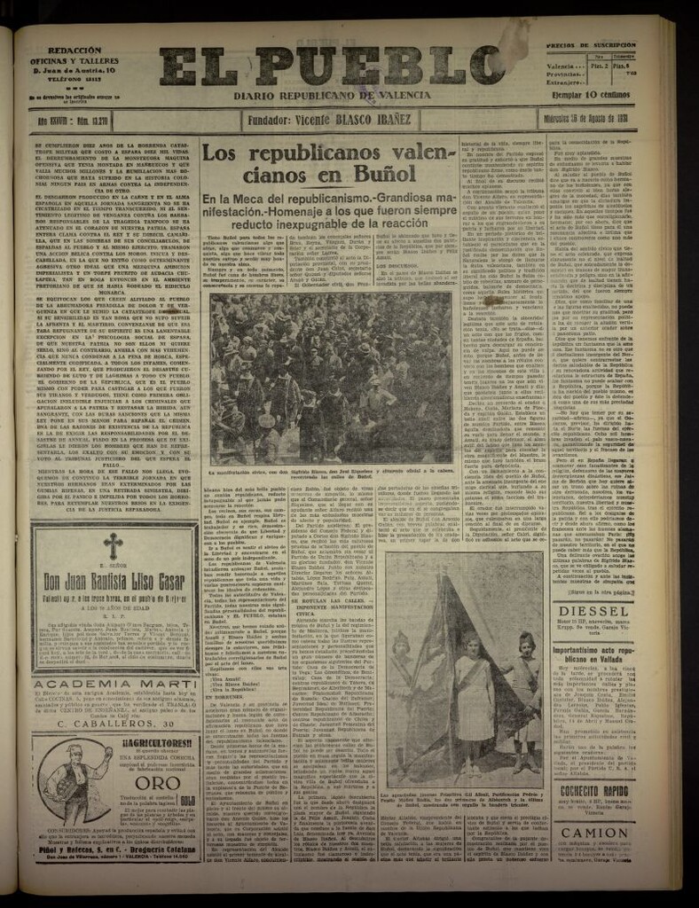 Miniatura de El Pueblo : Diario republicano de Valencia  del 26 de agosto de 1931, nº 13.270