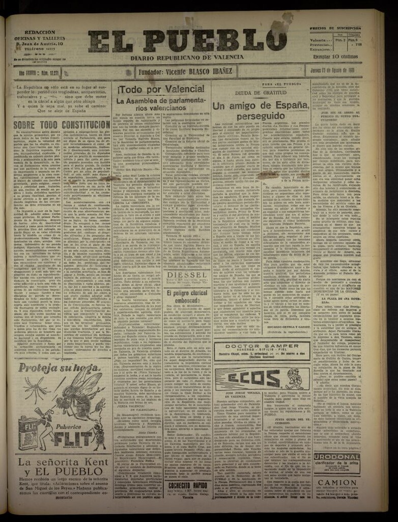 Miniatura de El Pueblo : Diario republicano de Valencia  del 27 de agosto de 1931, nº 13.271