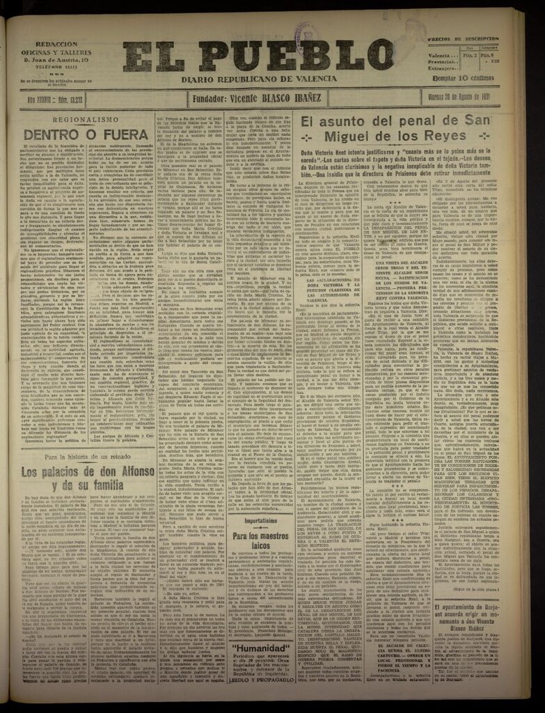 Miniatura de El Pueblo : Diario republicano de Valencia  del 28 de agosto de 1931, nº 13.272