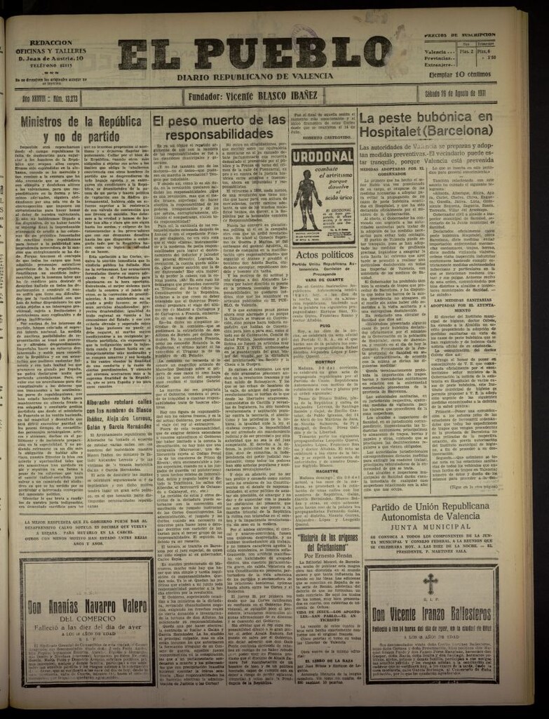 Miniatura de El Pueblo : Diario republicano de Valencia  del 29 de agosto de 1931, nº 13.273