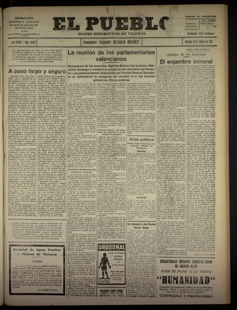 Miniatura de El Pueblo : Diario republicano de Valencia  del 30 de agosto de 1931, nº 13.274