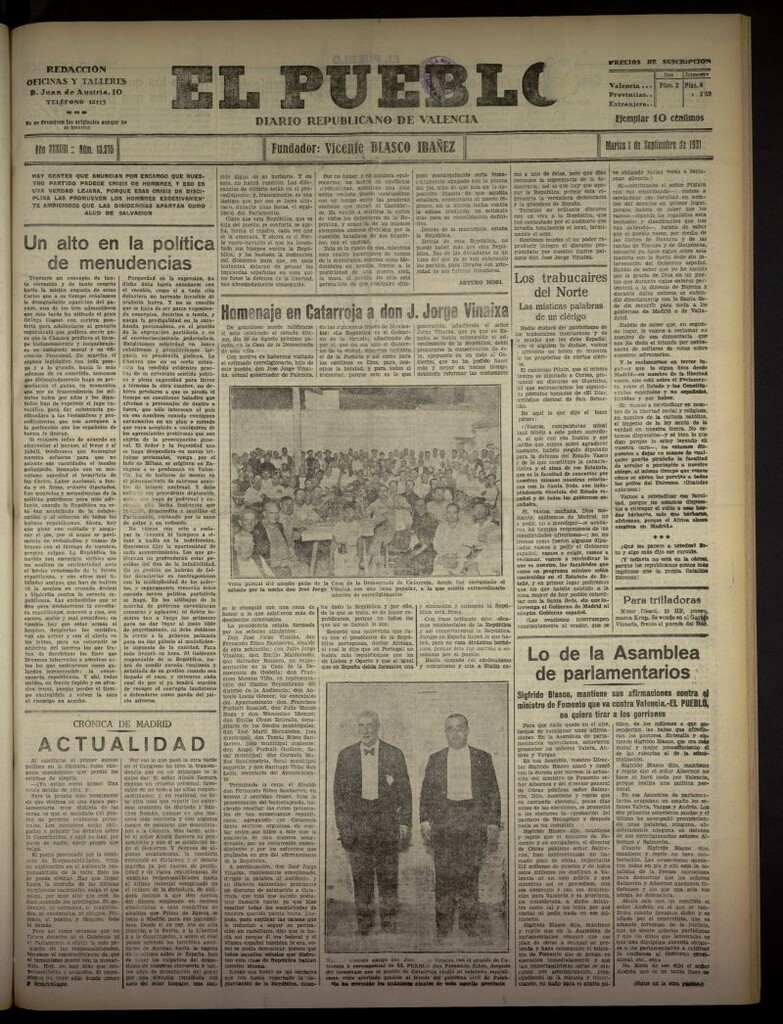 Miniatura de El Pueblo : Diario republicano de Valencia  del 1 de septiembre de 1931, nº 13.275