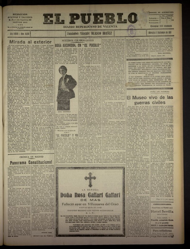 Miniatura de El Pueblo : Diario republicano de Valencia  del 2 de septiembre de 1931, nº 13.276