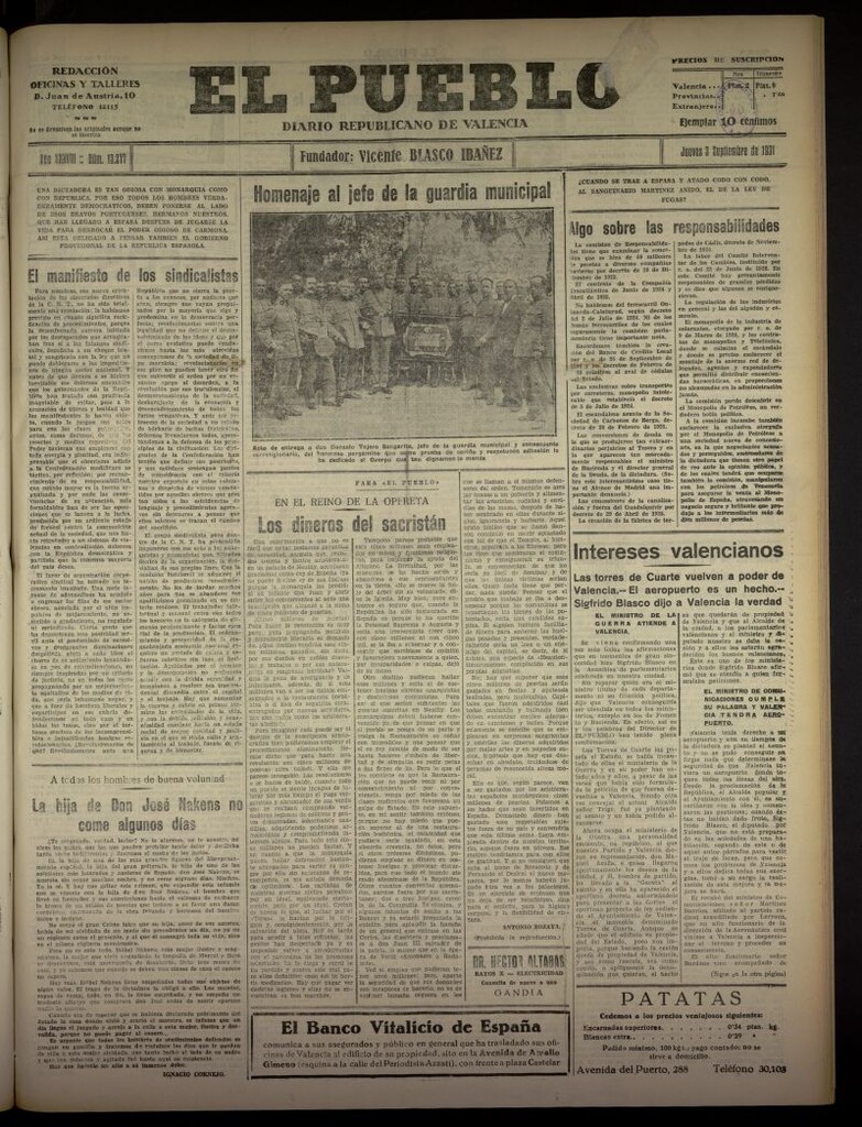 Miniatura de El Pueblo : Diario republicano de Valencia  del 3 de septiembre de 1931, nº 13.277