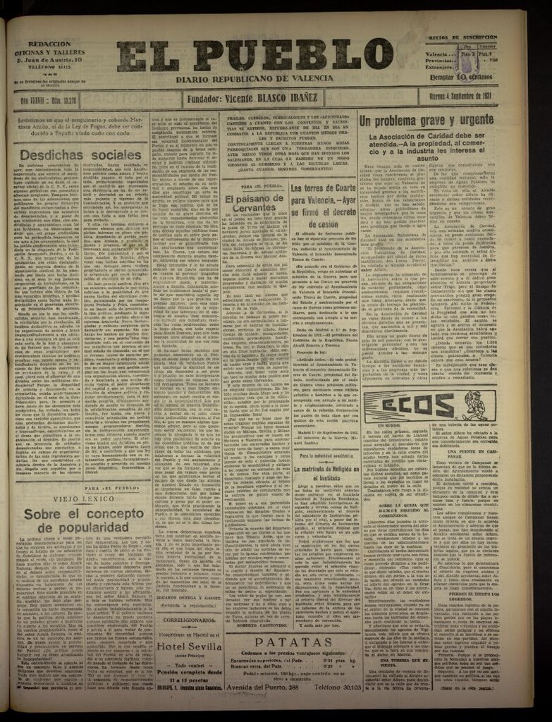 Miniatura de El Pueblo : Diario republicano de Valencia  del 4 de septiembre de 1931, nº 13.278