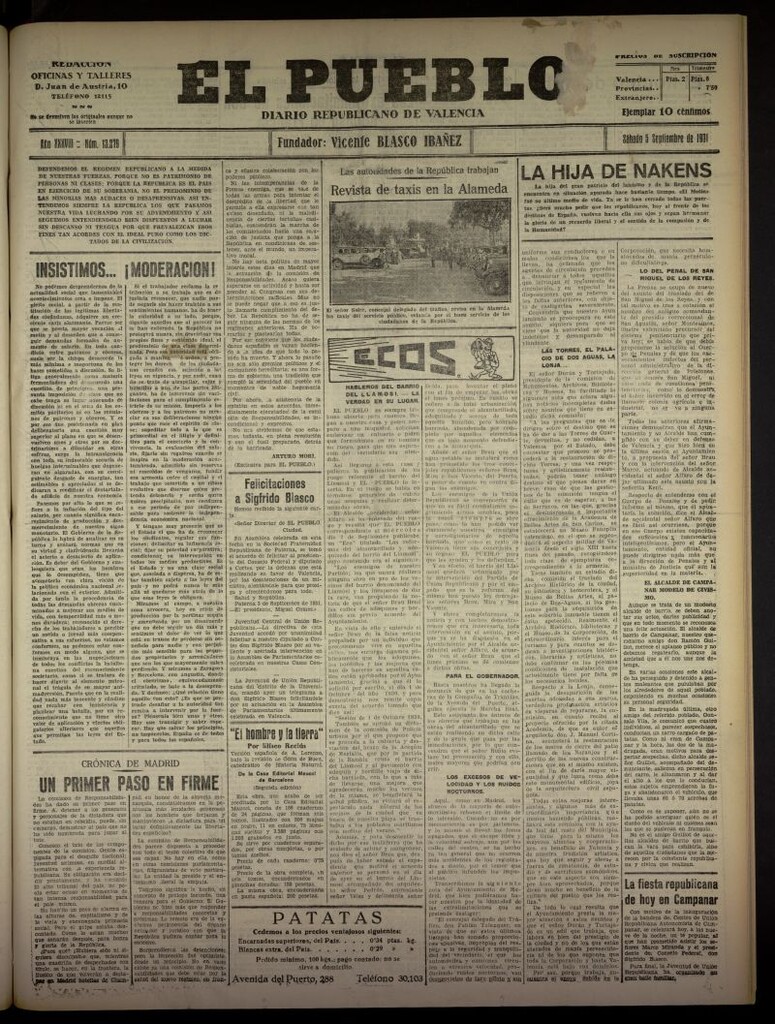 Miniatura de El Pueblo : Diario republicano de Valencia  del 5 de septiembre de 1931, nº 13.279