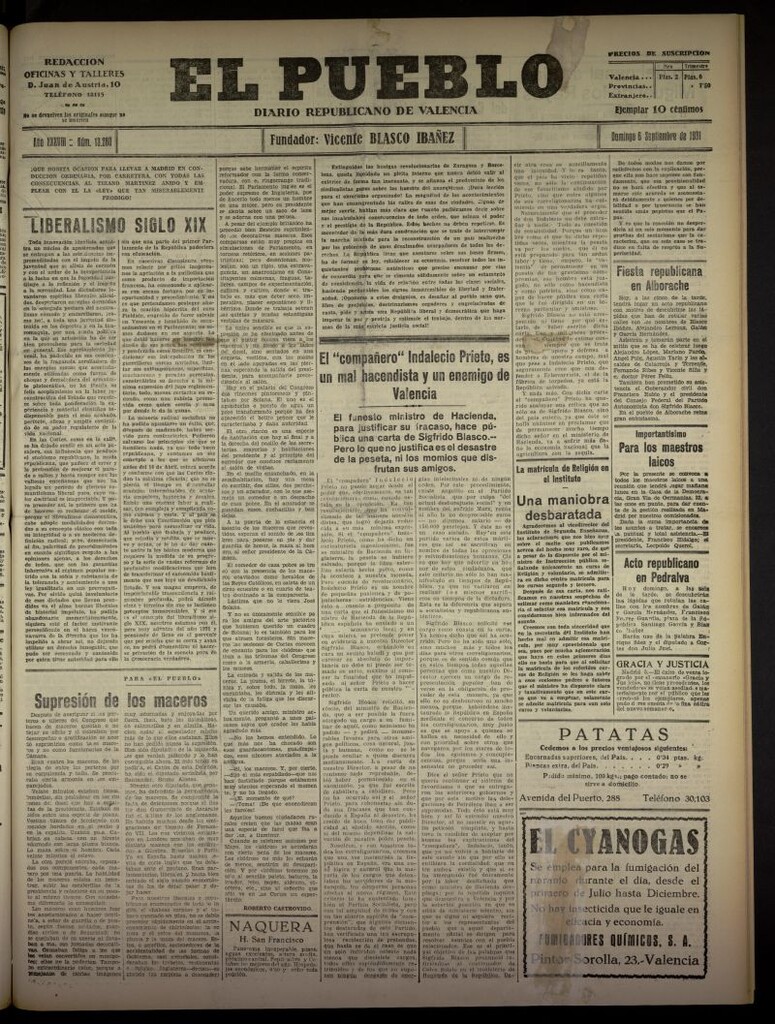 Miniatura de El Pueblo : Diario republicano de Valencia  del 6 de septiembre de 1931, nº 13.280